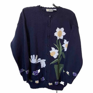 Vintage Aston Cardigan Womens XL Daffodil Gardener Granny Blue Knit Sweater